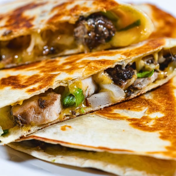 Close-up of golden-brown quesadillas filled with melted cheese, meat, and green herbs.